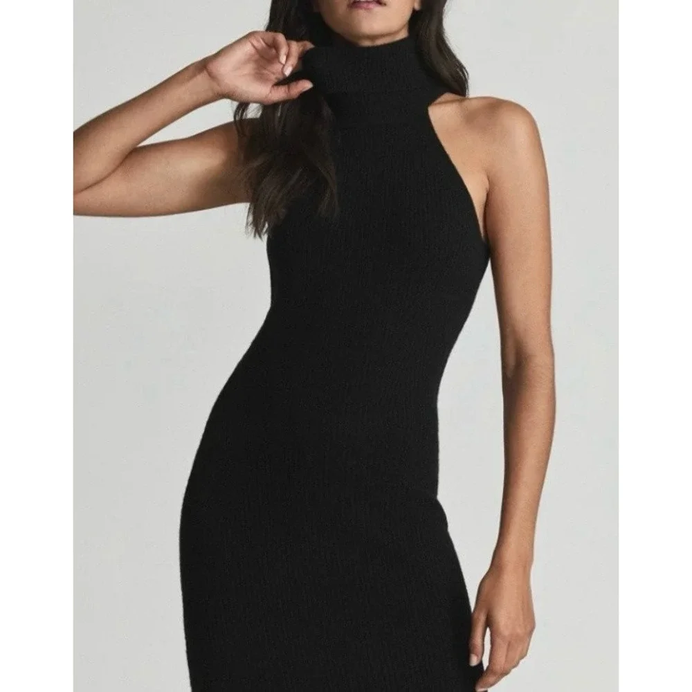 REISS Clem Sleeveless Turtleneck Sweater Dress wool cashmere blend Black‎ Size L